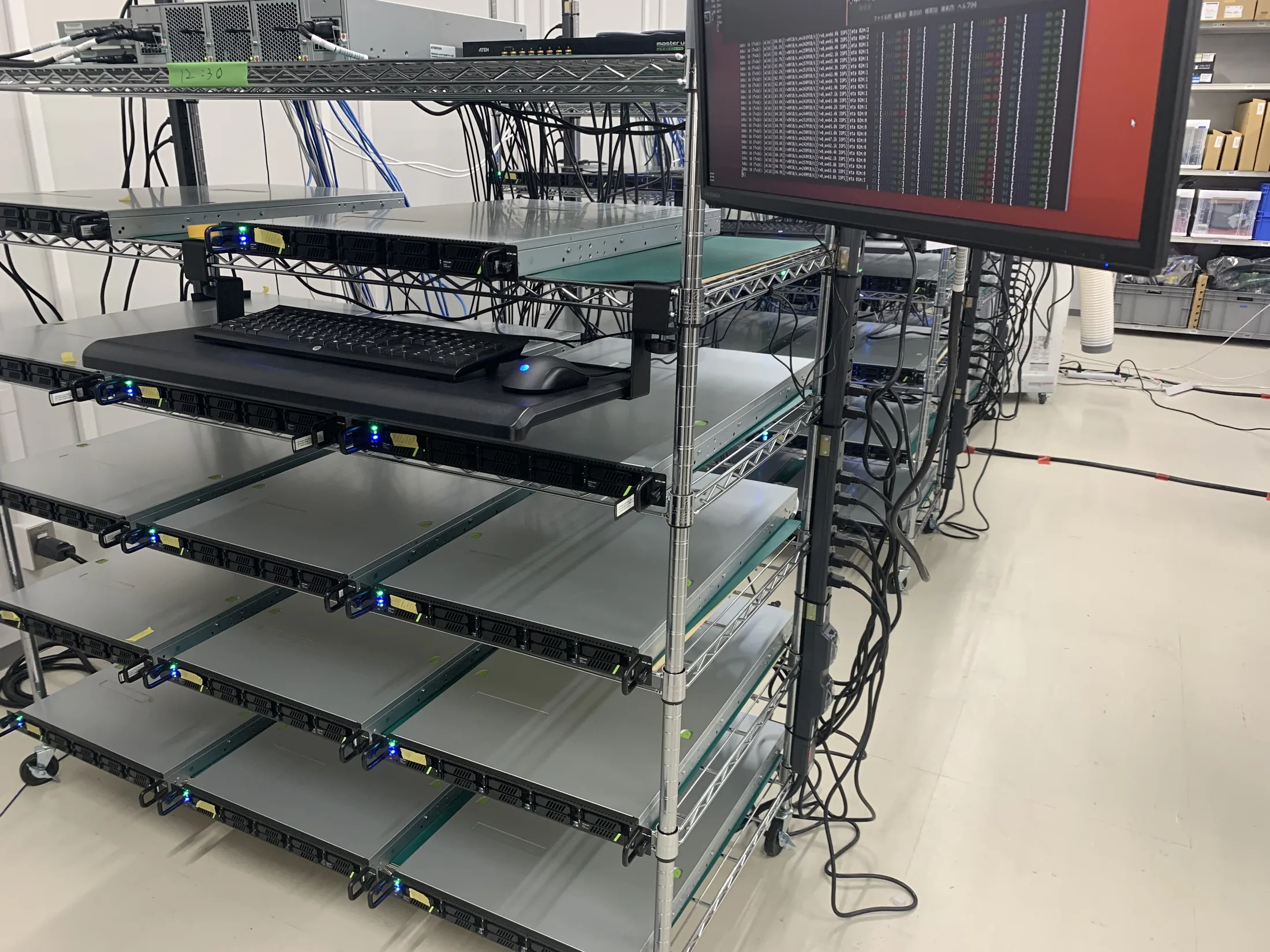 fioベンチマークを実行中のモニターとGPUサーバラック
