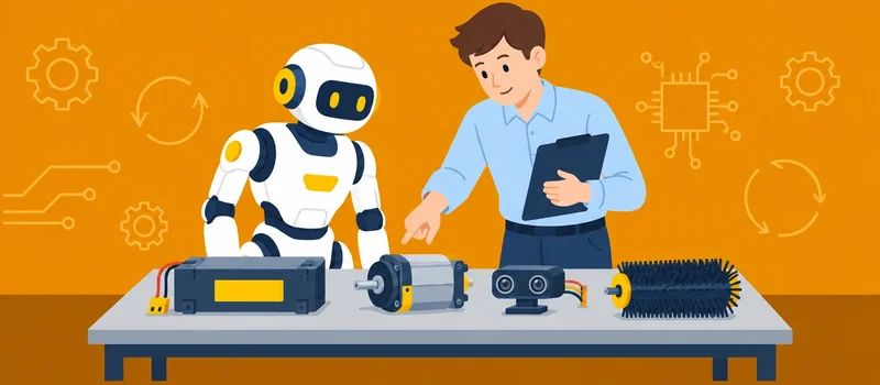 ロボットの交換部品が作業台に並ぶイメージ