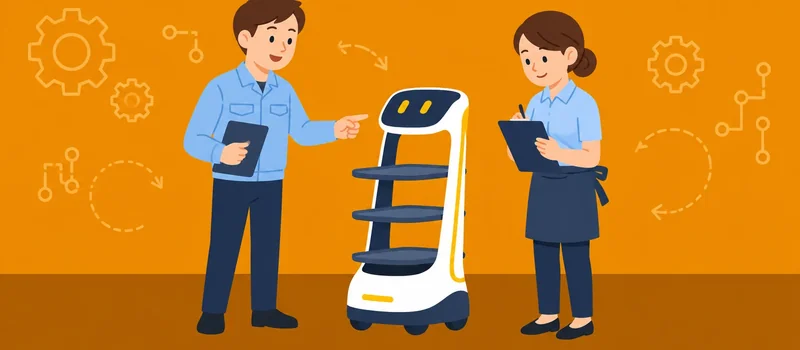 現場担当者と保守技術者が配膳ロボットについて話すイメージ
